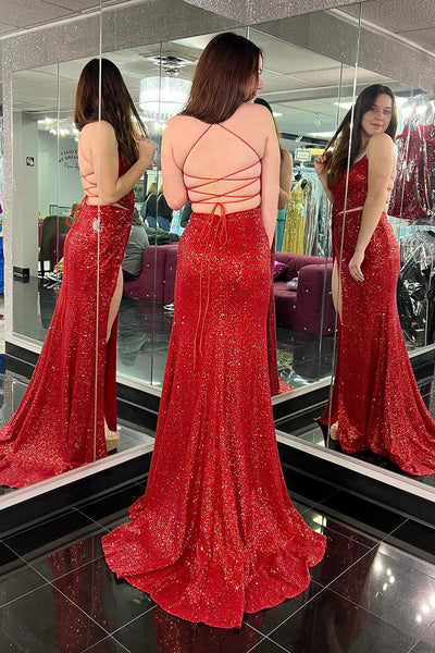 Red V Neck Sequins Two Piece Long Prom Dresses VK24022302