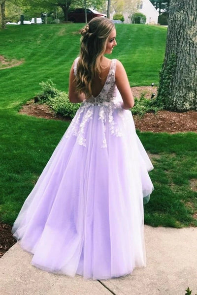 A Line Lilac Appliques V Neck Long Prom Dresses, Long Prom Formal Gowns VK0203003
