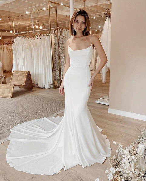 Free Shipping Elegant Simple Mermaid V Neck Straps White Satin with Appliques VK22031503