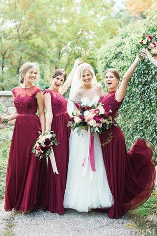 Round Neck Tulle Floor Length Burgundy Bridesmaid Dress VK0310001