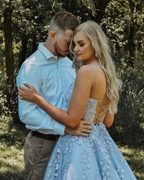 Charming A-Line Scoop Neck Cross Back Blue Tulle Lace Prom Dresses,Formal Gown VK0422004