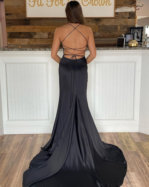 Sweetheart A Line High Slit Black Satin Prom Dresses with Cross Back VK081306