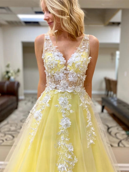 Free Shipping Charming A-Line V Neck Yellow Tulle Long Prom Dresses with White Appliques Evening Dresses VK0119042