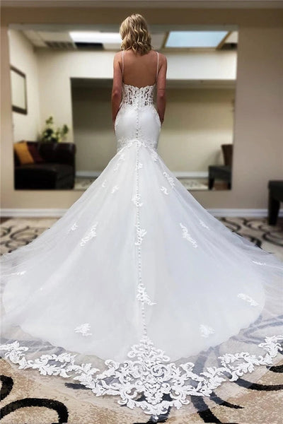 Spaghetti Strap Mermaid Long White Wedding Dress with Lace VK0316007
