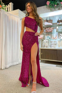 Mermaid One Shoulder Fuchsia Cut Out Prom Dress with Split Front VK23101003