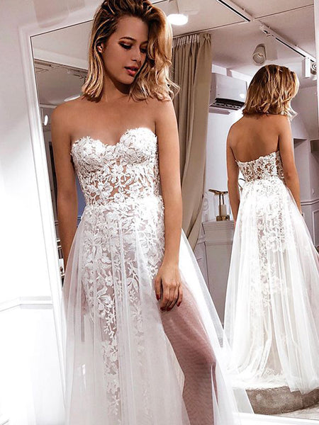 Charming A-Line Sweetheart White Lace Beach Wedding Dresses with Slit 2021 VK0501004