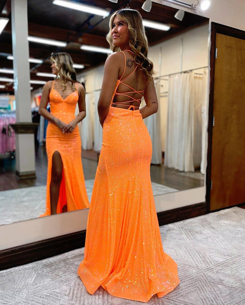 Sparkly Mermaid V Neck Sequins Long Prom Dresses with Slit VK112102