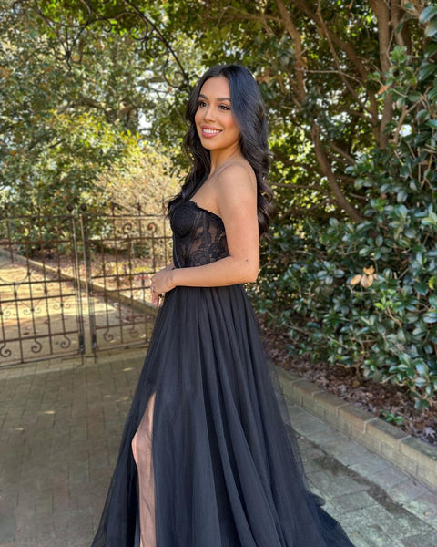Cute A Line Sweetheart Black Tulle Long Prom Dresses with Slit VK112304