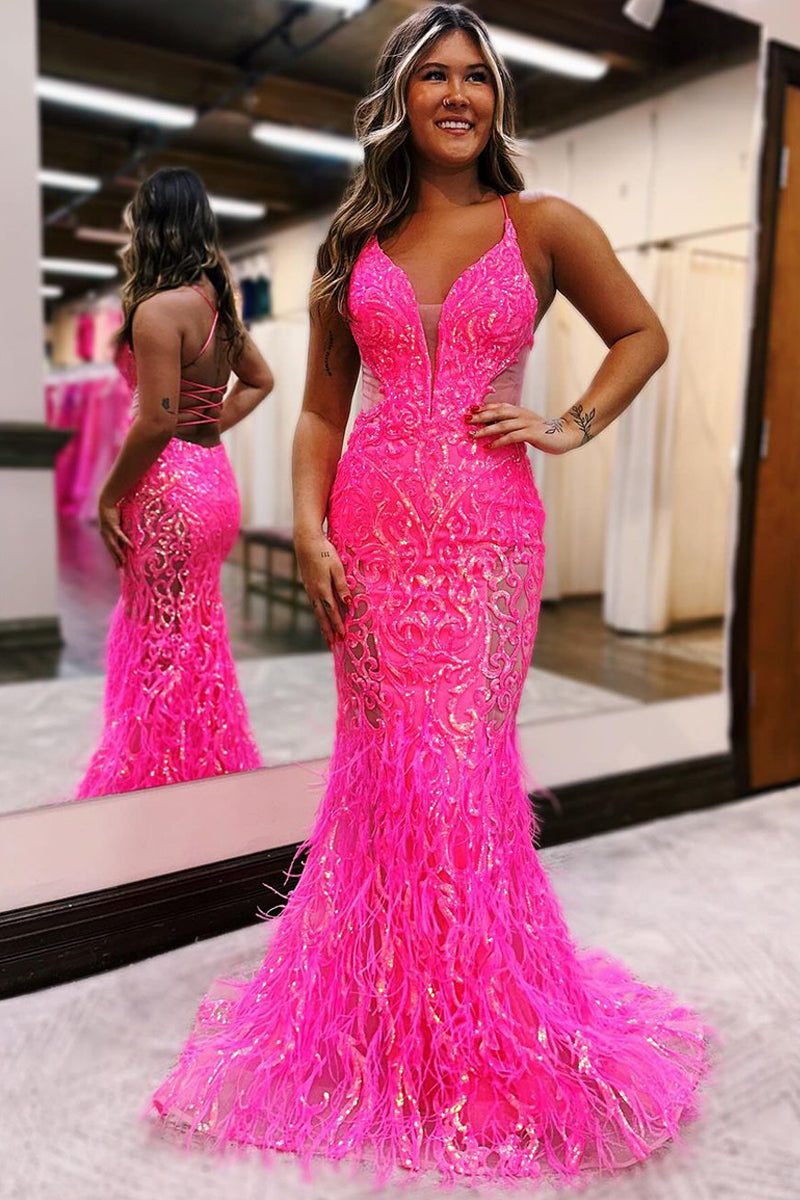 Fuchsia V Neck Sequin Lace Mermaid Long Prom Dresses with Feather  VK24010604 – Vickidress