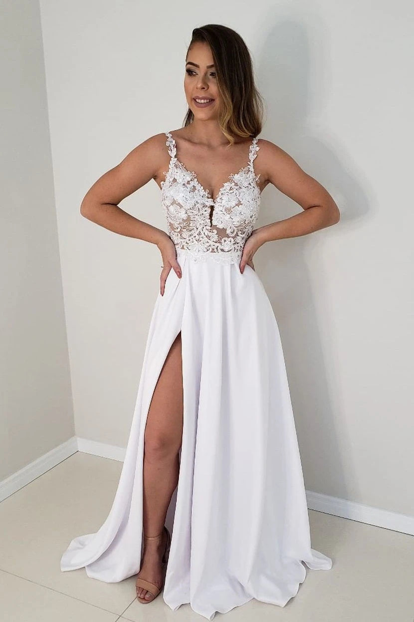 Charming A-Line V Neck Sleeveless Spaghetti Straps White Satin Wedding Dresses with Lace Appliques VK0318019