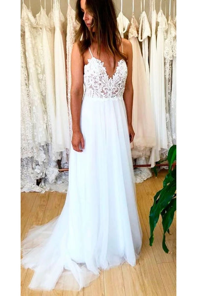 Charming A-Line Backless Spaghetti Straps Tulle Beach Wedding Dresses, Lace Applique Bridal Dress VK0501002