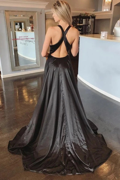 Simple A-Line Deep V-Neck Criss-Cross Back Sweep Train Black Prom Dress with Split VK0510003