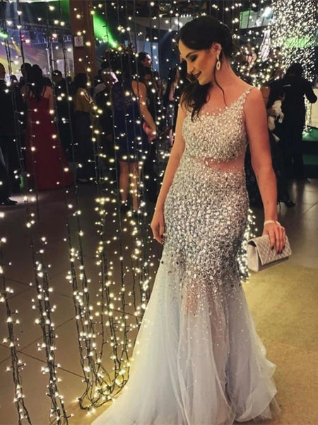 Free Shipping Shining Tulle Prom Dresses Mermaid Evenig Gowns With Rhinestone Evening Dresses VK0119017