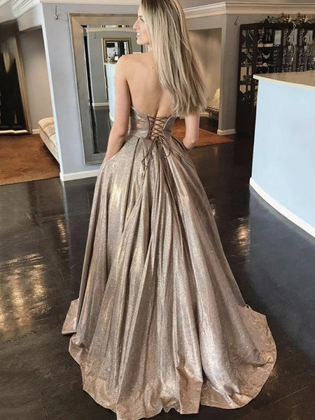 Shiny Strapless Sweetheart Neck Long Champagne Prom Dresses, Champagne Formal Dresses, Sparkly Evening Dresses VK0701006
