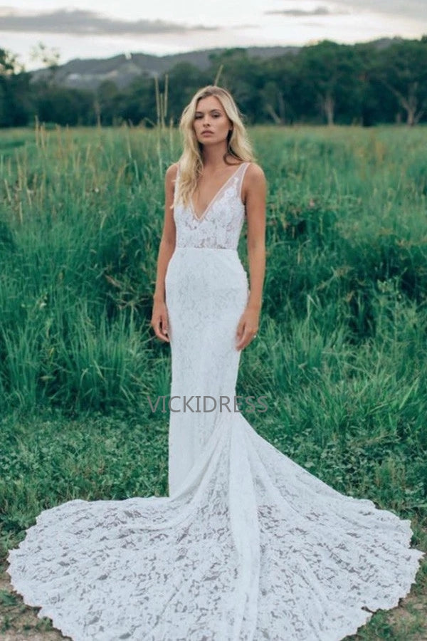 Charming Wedding Dress V Neck Sheath Wedding Gowns,Sweep Train Appliques Bridal Dresses VK0401007