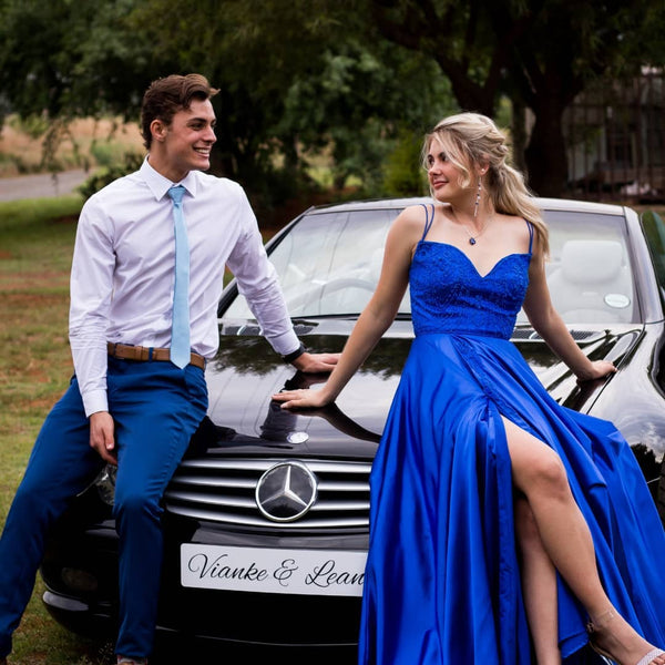 Charming A-Line Sweetheart Royal Blue Satin Long Prom Dresses with Lace Appliques VK22022301