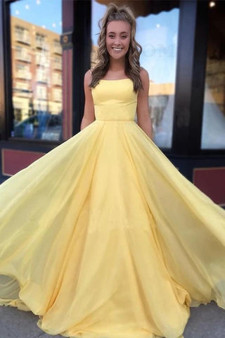 A Line Spaghetti Straps Daffodil Tulle Long Party Dresses, Lace up Formal Dresses VK0125018