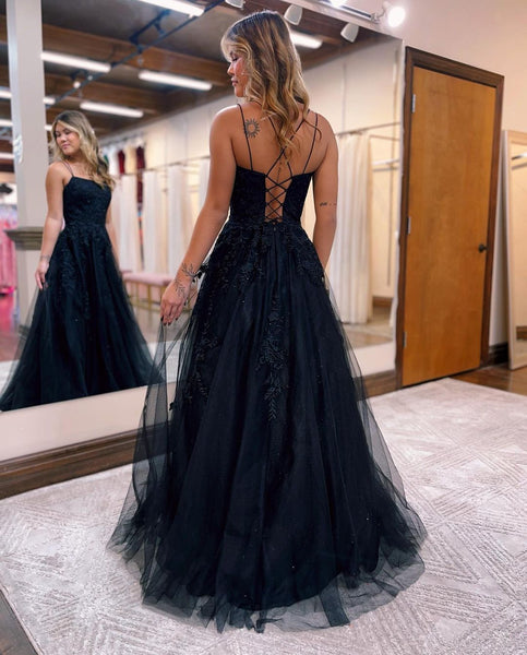 Cute A Line Scoop Neck Black Tulle Prom Dresses with Lace VK121603