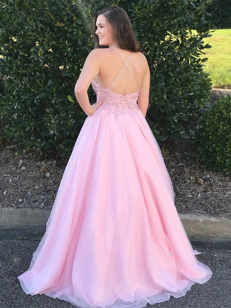 Modern Tulle Spaghetti Straps Appliques Rhinestones A-line Prom Dresses VK0112027