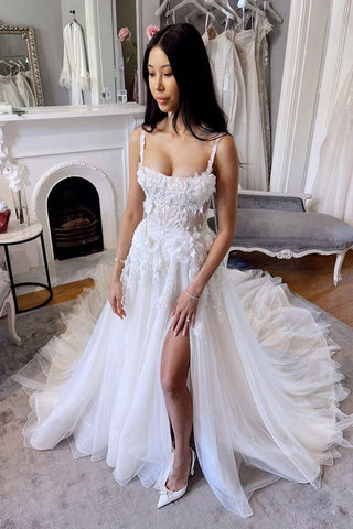Fairy A Line Scoop Neck Tulle Long Wedding Dresses with Lace VK23062007
