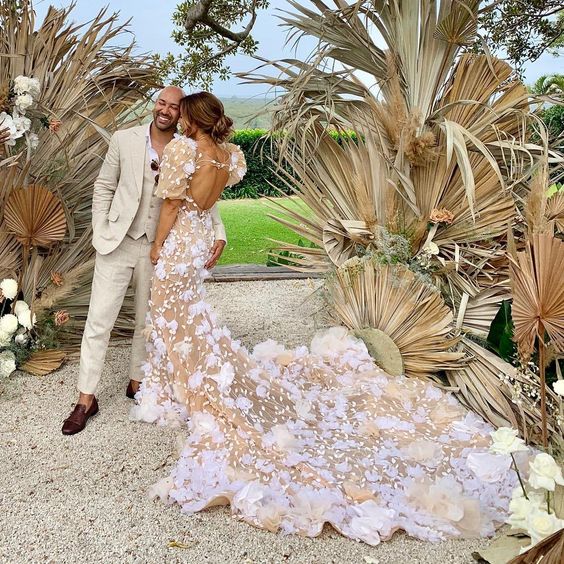 Luxurious Mermaid Ruffled Sleeves Tulle Wedding Dresses with 3D Tulle Flowers VKWD072701