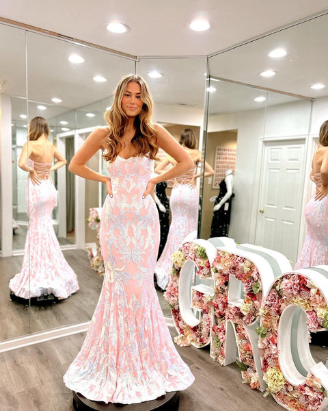 Cute Mermaid Scoop Neck Blush Pink Satin Prom Dresses with Sequins Lace VK23011401