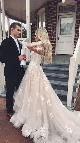 Charming V Neck A-Line Long Sleeves Plus Size Wedding Dresses with Appliques VK0105021