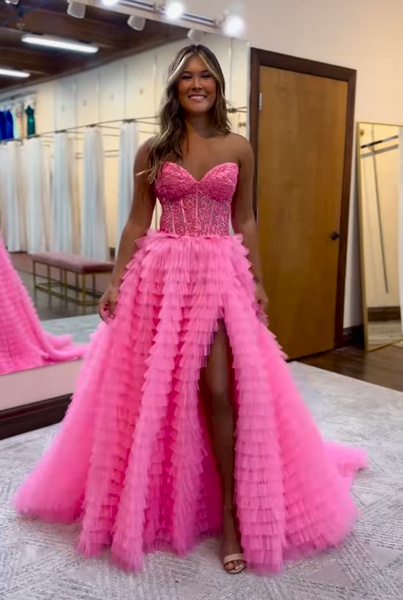 Black Sweetheart Tiered Tulle Long Prom Dresses with Appliques VK23112601