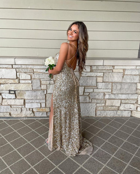 Cute Mermaid Scoop Neck Gold Sequins Prom Dresses with Slit VK121303