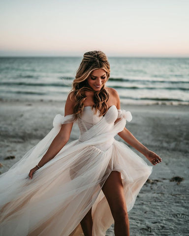 Fairy Off the Shoulder Tulle Wedding Dresses with Slit VKWD062001