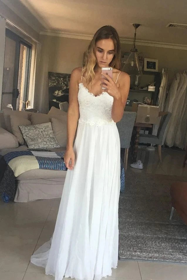 Elegant A Line Spaghetti Straps V Neck Top Lace Wedding Dresses, Bridal Dresses VK0206005
