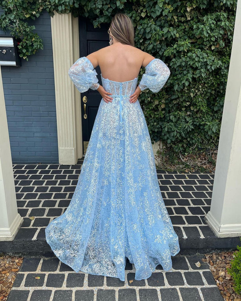 Cute A Line Sweetheart Light Blue Sequins Lace Prom Dresses with Detachable  Sleeves VK122804 – Vickidress
