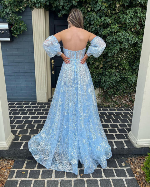 Cute A Line Sweetheart Light Blue Sequins Lace Prom Dresses with Detachable Sleeves VK122804