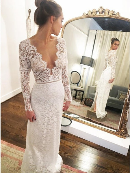 Mermaid V-Neck Long Sleeves Floor-Length Lace Wedding Dress with Split VK0530003
