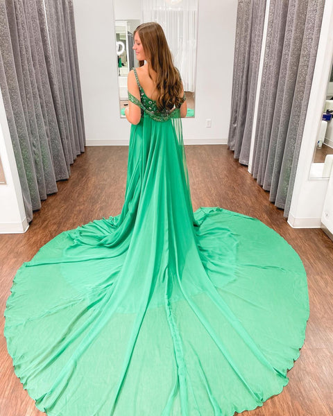 Charming A Line Off the Shoulder Green Chiffon Long Prom Dresses with Beading VK113002