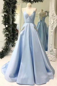 Simple V Neck Sky Blue Satin Long Prom Dresses with Pockets Beading, Formal Dresses VK0203002