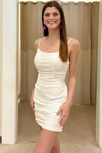 White Beaded Spaghetti Strap Bodycon Homecoming Dresses VK23092101