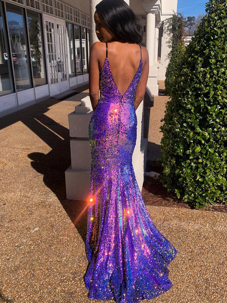 Sparkly Laser Purple Sequins Prom Dresses Open Back for 2022 VK22022104