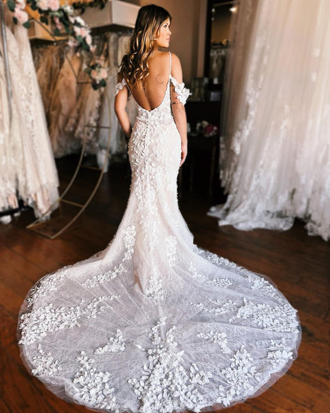 Elegant Mermaid Off the Shoulder Lace Wedding Dresses VK23011703