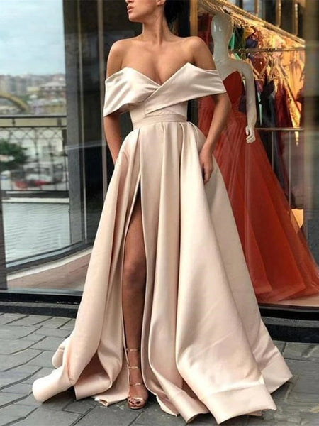 Elegant Off Shoulder Satin Champagne Long Prom Dresses with Slit, Champagne Formal Dresses, Evening Dresses VK0118022