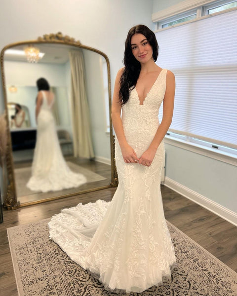Elegant Mermaid V Neck Lace Wedding Dresses VK121604