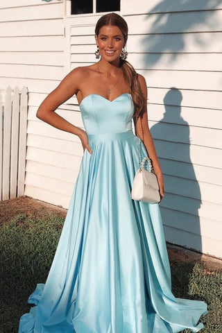 Simple A Line Sky Blue Sweetheart Satin Prom Dresses, Cheap Formal Dresses VK0127015