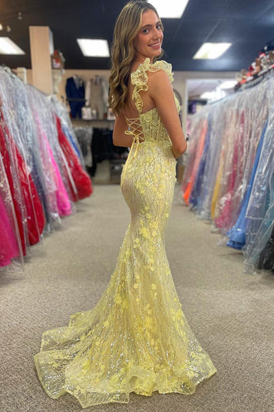 Sparkly Yellow Floral Sequins Lace Sweetheart Mermaid Long Prom Dress VK23112805