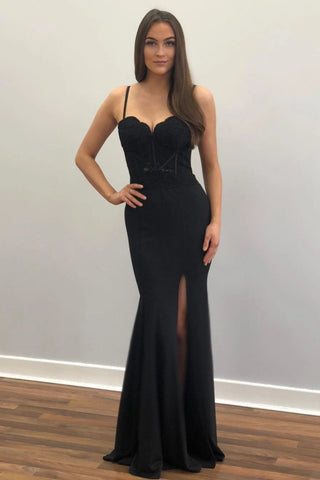 Sexy Straps Mermaid Black Long Prom Evening Dress with Lace VK0323001