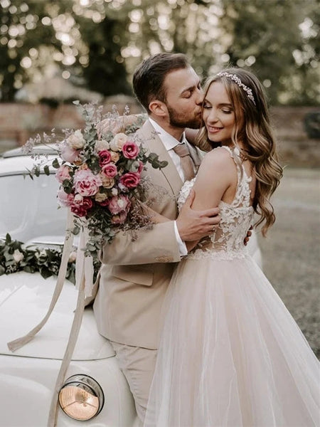 Wonderful Appliqued A-line Wedding Dresses Off the Shoulder Tulle Gowns VK0311001
