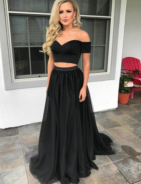Two Piece Off-the-Shoulder Black Tulle Long Prom Dress Evening Party Dresses VK0306003