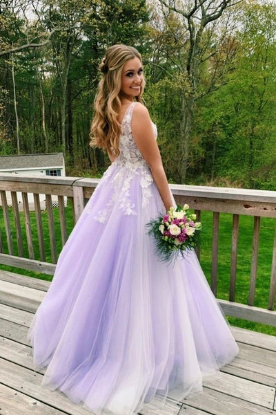 A Line Lilac Appliques V Neck Long Prom Dresses, Long Prom Formal Gowns VK0203003