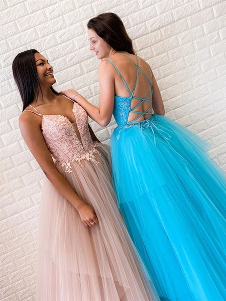 A-Line Cross Back Blush Blue Tulle Long Prom Dresses with Appliques VK0529008