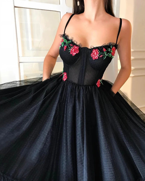 Free Shipping Charming Spaghetti Straps Black Tulle Pockets Prom Dresses with Appliques, Dance Dress VK0125012