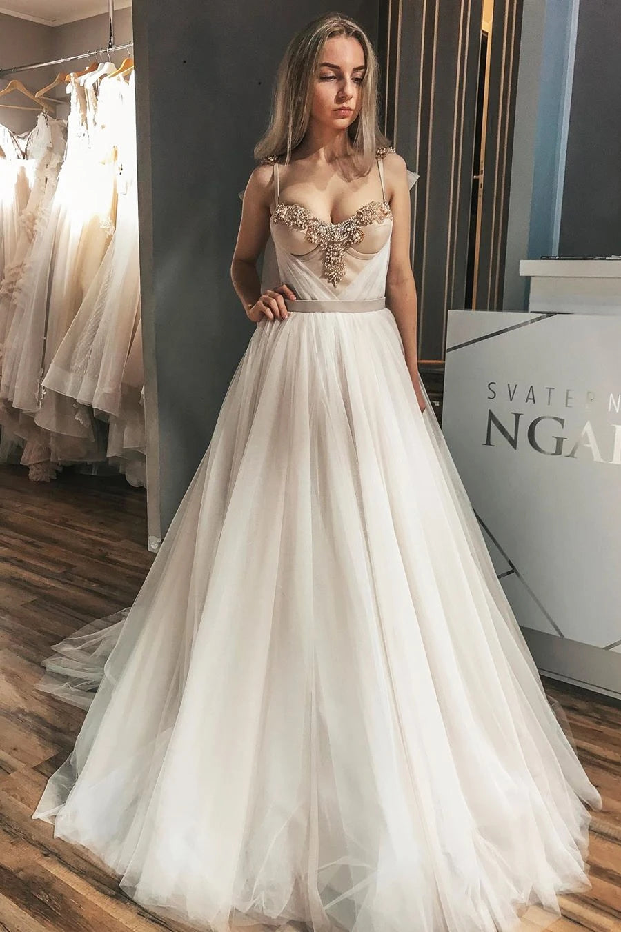 Princess A-Line Spaghetti Strap Ivory Wedding Dress with Beads Top VK0322002